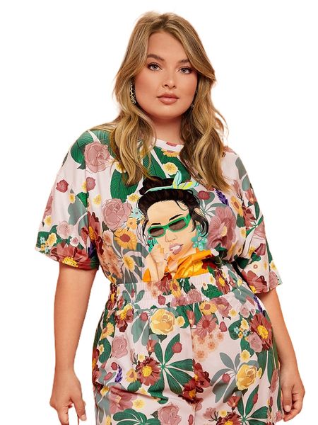 

plus figure graphic drop shoulder tee f1lp#, Black