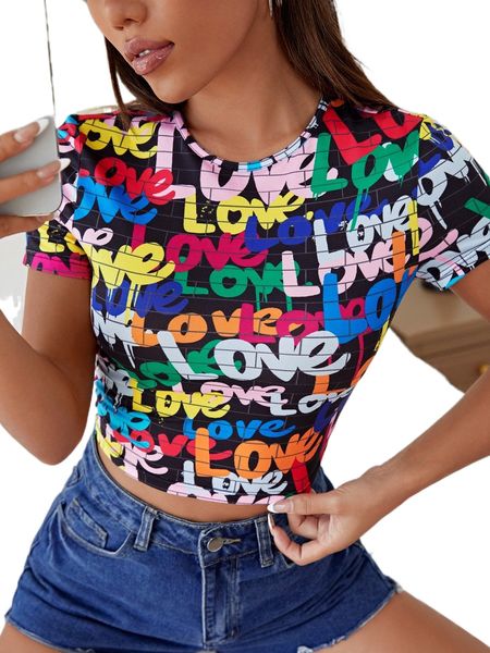 

allover letter graphic crop tee 6211#, White