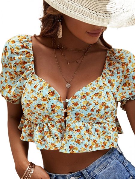 

ditsy floral puff sleeve peplum crop blouse g4fz#, White