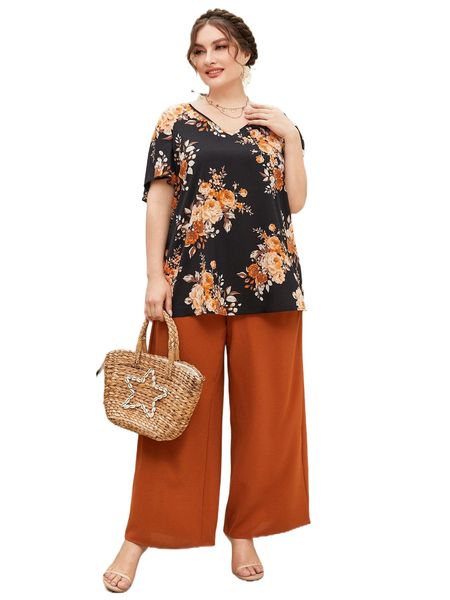 

plus floral v-neck blouse & wide leg pants b9lj#, Black