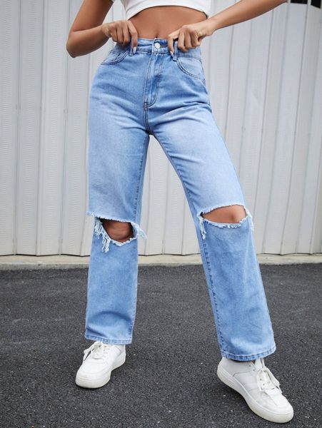 

ripped straight leg jeans l0dl#, Blue