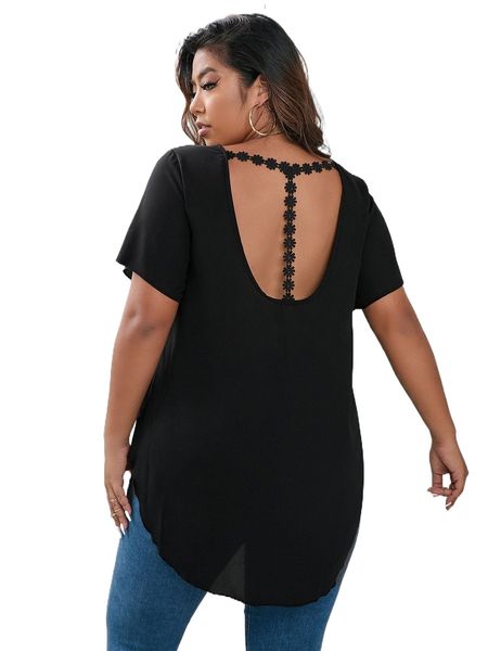 

plus solid asymmetrical hem backless blouse a2yg#, Black