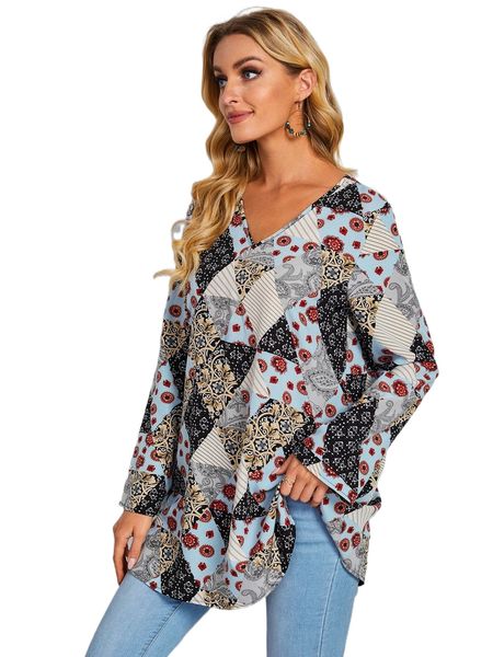 

emery rose scarf print v-neck tunic dress u234#, Black;gray