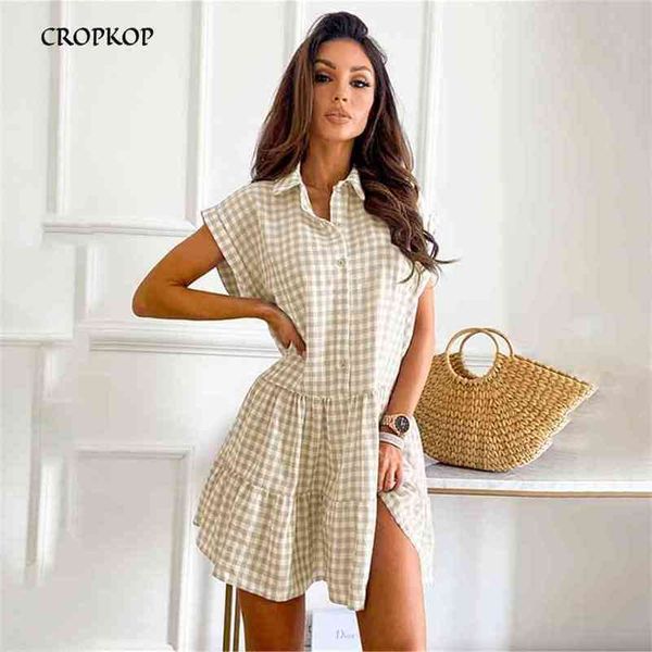 

summer women plaid shirt mini dress casual loose ruffle turndown collar button es elegant black short sleeve ladies 210729, Black;gray