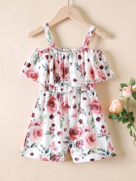 

toddler girls floral print ruffle trim cold shoulder romper she, Blue