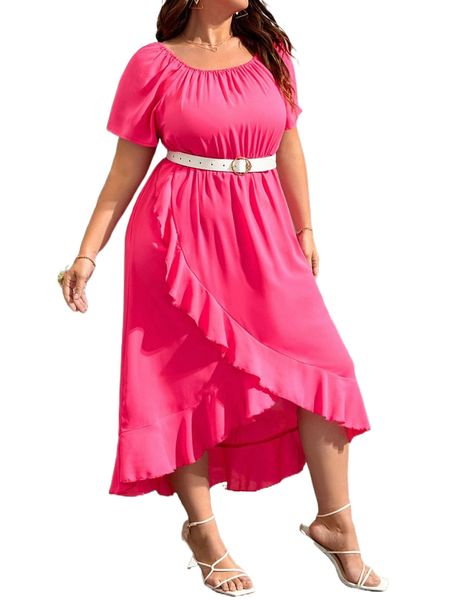 

plus raglan sleeve asymmetric ruffle hem dress without belt v33k#, Black
