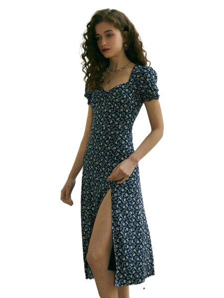 

ditsy floral puff sleeve sweetheart neck slit thigh dress k7ai#, Black;gray
