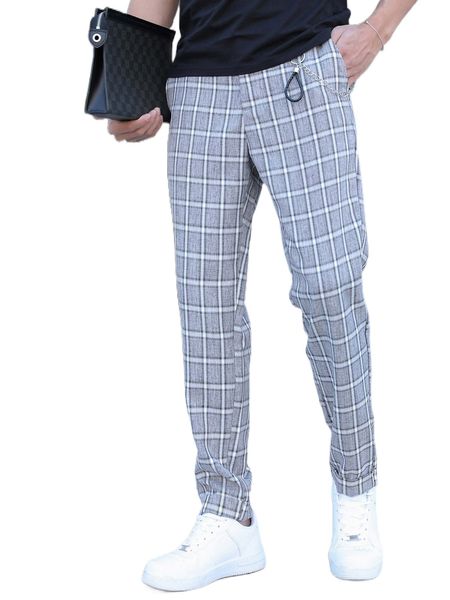 

men plaid print chain detail pants k5sy#, Black