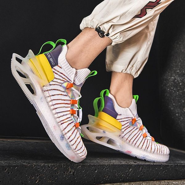 

Dad Shoes Men Microfiber Elastic Popcorn Bottom Color-blocking Knitted Lightweight Breathable Spring and Autumn Casual Sports Socks Shoes DP364, Clear