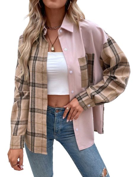 

plaid patched pocket drop shoulder coat f5le#, Black