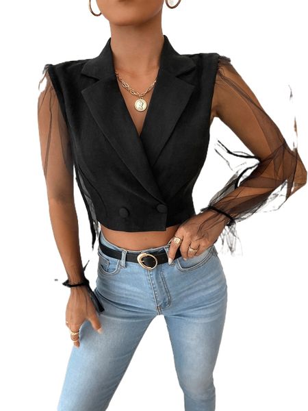 

contrast mesh flounce sleeve double button crop blazer j4sh#, White