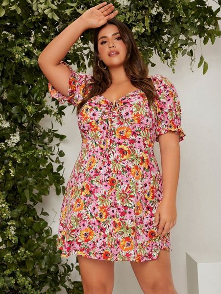 

plus floral print drawstring front puff sleeve dress l0mm#, Black