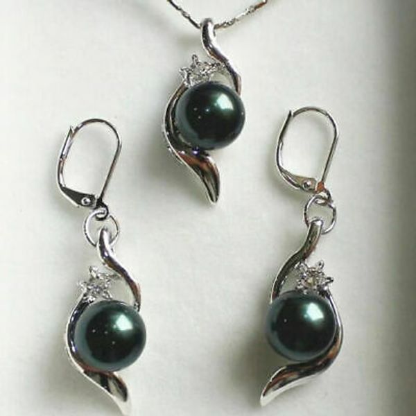 

10mm shell pearl round beads pendant necklace earrings set, Silver