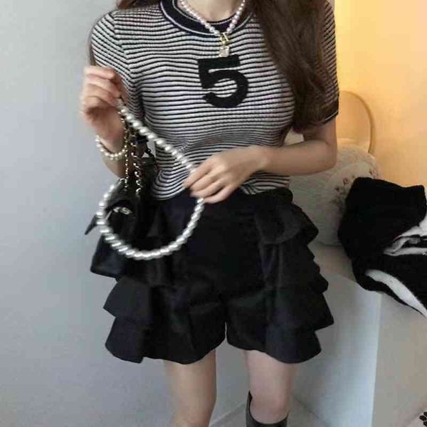 

women's t-shirt ce spring and summer slim striped knitted short sleeves, White