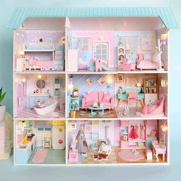 

9in1 wooden dollhouse miniature building model room box diy doll house kit with furniture assemble toy for children gifts aa220325