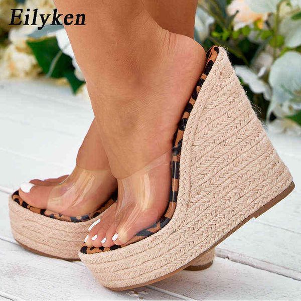 

eilyken pvc transparent peep toe leopard grain platform wedges slippers sandals women fashion high heels female shoes, Black