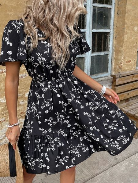 

floral print ruffle hem dress a2ez#, Black;gray