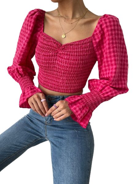 

gingham sweetheart neck shirred flounce sleeve blouse c61m#, White