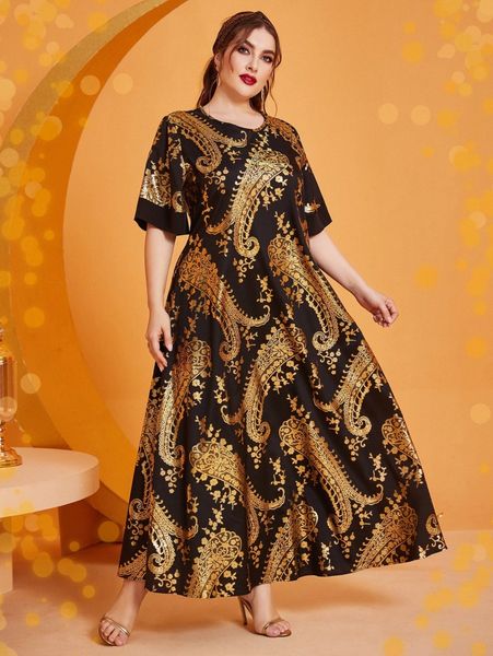 

plus paisley & floral print tunic dress v7ib#, Black