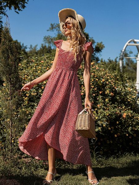 

allover print ruffle armhole shirred bodice dress a4m3#, Black;gray