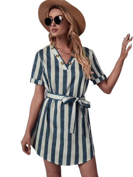 

striped button detail roll sleeve curved hem belted dress x9i7#, Black;gray