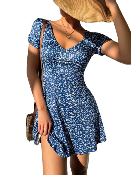 

ditsy floral a line dress 478i#, Black;gray