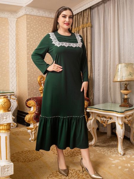 

plus contrast guipure lace pearls ruffle hem smock dress q5ll#, Black