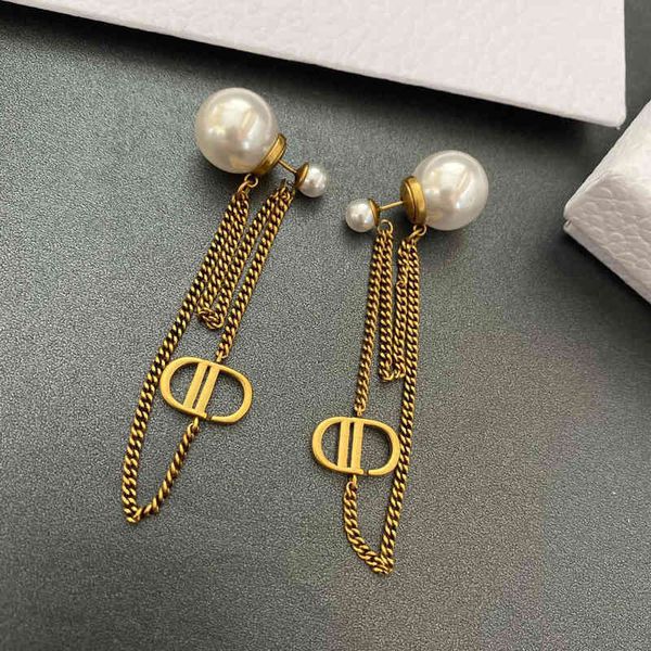 

super discount 75% off large and small glass pearl tassel letter earrings classic fashion versatile earrings, Golden