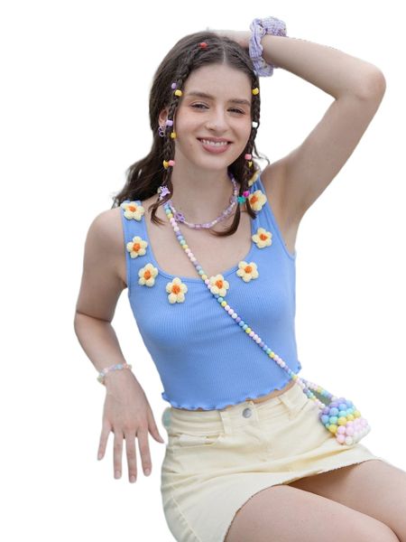 

mod appliques rib-knit lettuce trim tank w96h#, White