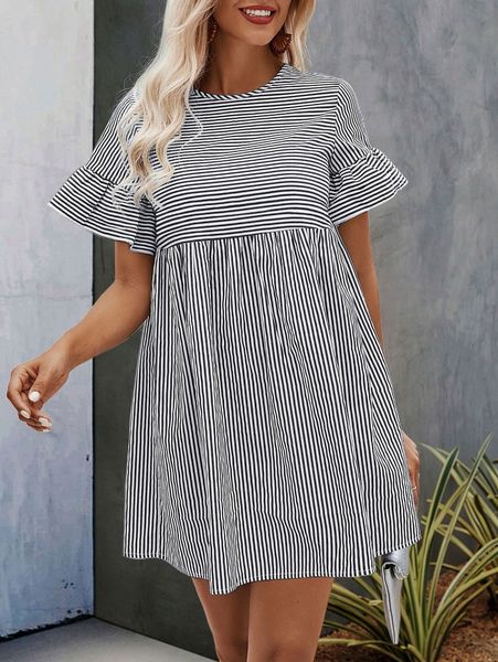 

striped print flounce sleeve smock dress w2db#, Black;gray