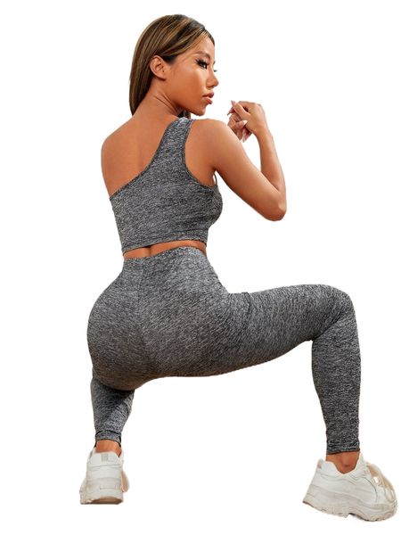 

marled o.ne s.houlder crop t.op & t.ie waist l.eggings set h2so#, White