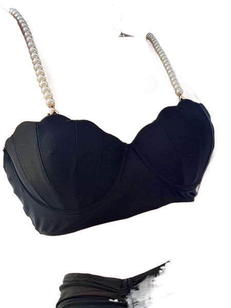 

faux pearl decor scallop trim push up bikini 28xc#, White;black