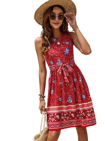 

floral print sleeveless belted dress v5tn#, Black;gray