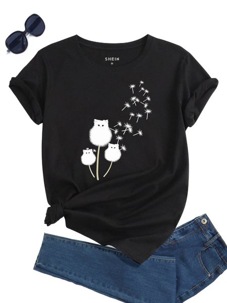 

dandelion & cat print tee m6gj#, White