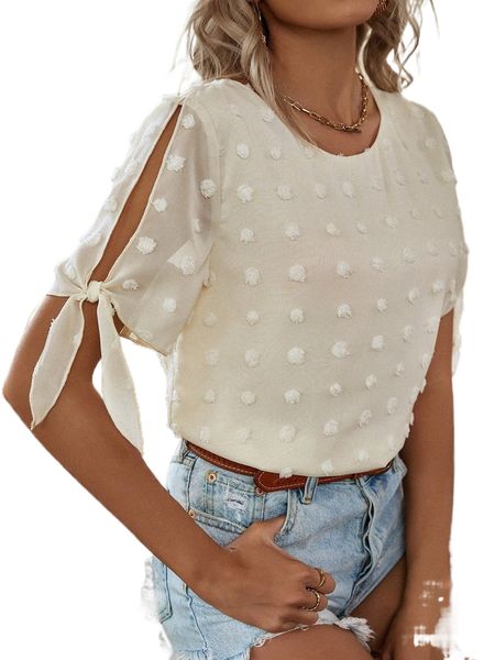 

swiss dot split sleeve knot cuff blouse b5xd#, White