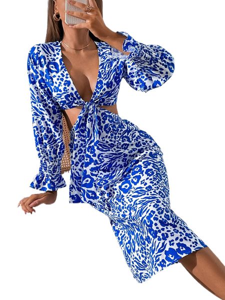 

allover print plunging neck flounce sleeve cut out fitted dress i2ri#, Black;gray