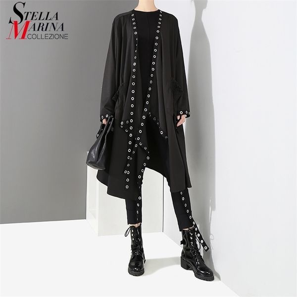 Donne di stile coreano molto lungo giacca nera solida design aperto lungo nastro cucito fori di metallo femminile elegante giacca allentata T200212