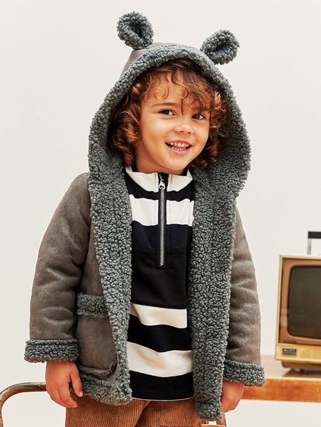 Cappotto in pelle scamosciata foderato con orsetto con cappuccio e design con orecchie 3D per bambini da bambino LEI