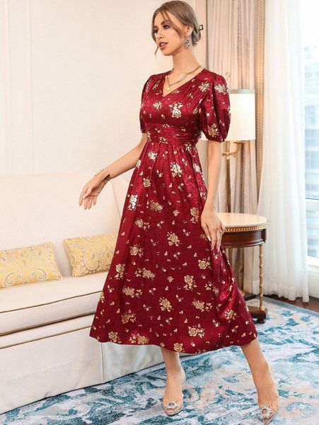 

gold floral print puff sleeve satin dress a1ql#, Black;gray