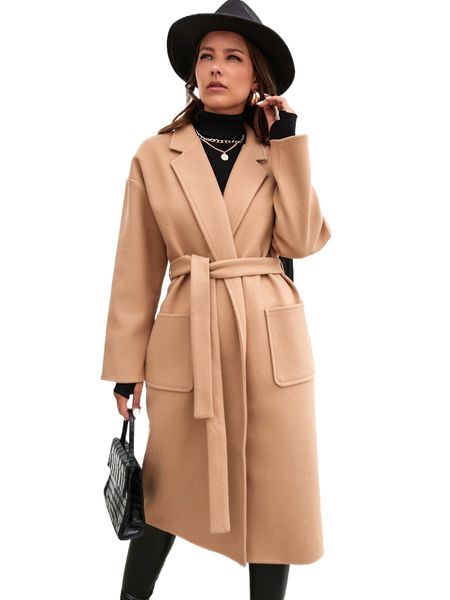 

lapel neck dual pocket drop shoulder belted overcoat l9zg#, Black