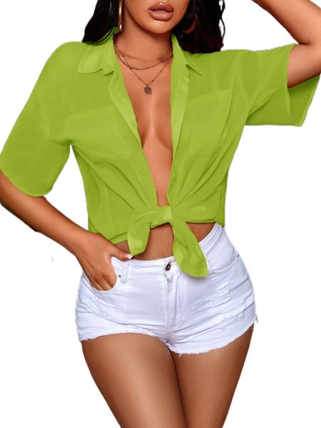 

pocket patched button up chiffon shirt w0pp#, White