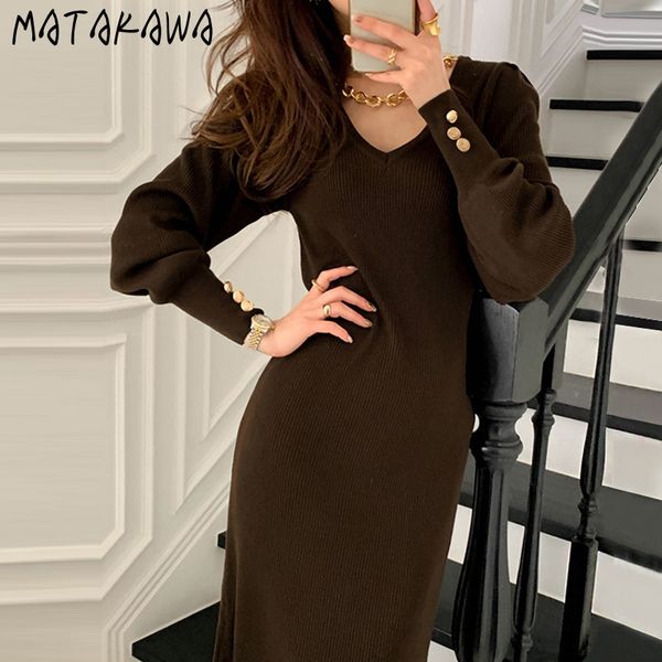 

korea chic simple vneck vestido pit strip slim femme robe long sleeve core yarn bodycon knitted dress women 210506, Black;gray
