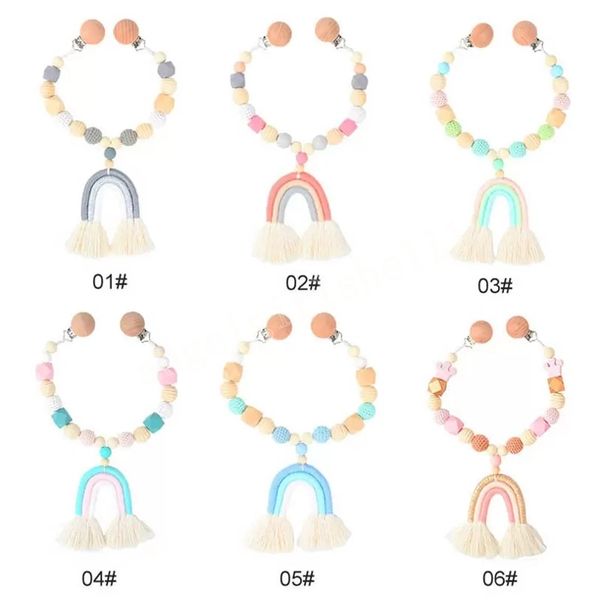 

newborn pacifier holders baby candy color crown weaning teething natural wooden pacifier clips infant practice toys cotton rainbow carriage