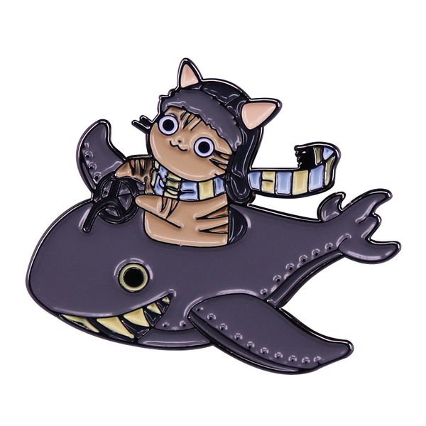 

funny cat pilot riding a shark brooch cute cat lapel pins metal badges gift for kids accessories, Blue