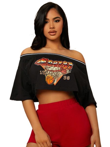 

sxy off shoulder letter and basketball print crop x01m#, White