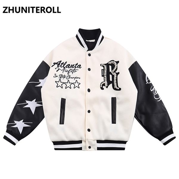 

harajuku pu leather patchwork parka men pearl embroidery thick jacket hip hop windbreaker winter padded baseball coat loose 220817, Black;brown