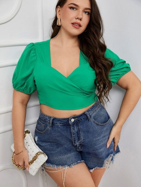 

plus sweetheart neck tie back crop blouse 98my#, Black