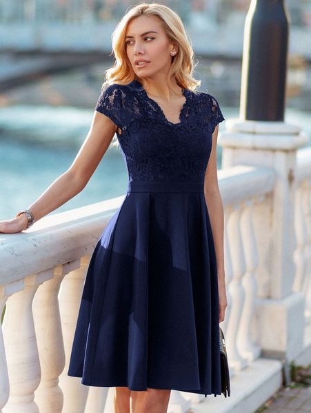 

miusol solid flared hem lace dress 60tv#, Black;gray