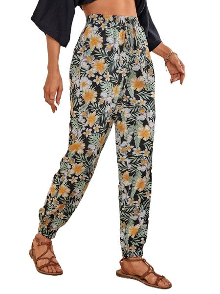 

tropical & floral print tie waist carrot pants d7wu#, Black;white