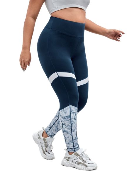

plus marble print wideband waist sports leggings h7vy#, Black